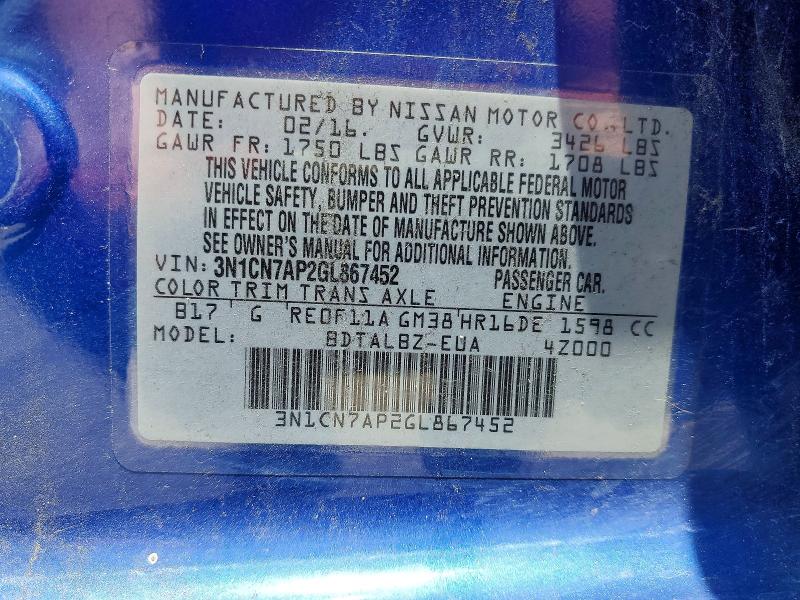 Aukcja sprzedaży 2016 Nissan Versa, vin: 3N1CN7AP2GL867452, numer aukcji: 55278046