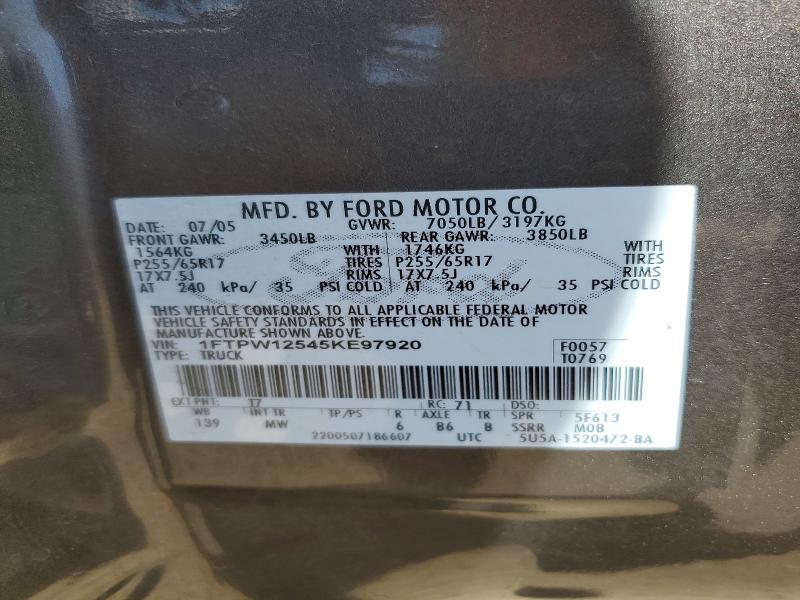 54913496 :رقم المزاد ، 1FTPW12545KE97920 vin ، 2005 Ford F150 مزاد بيع