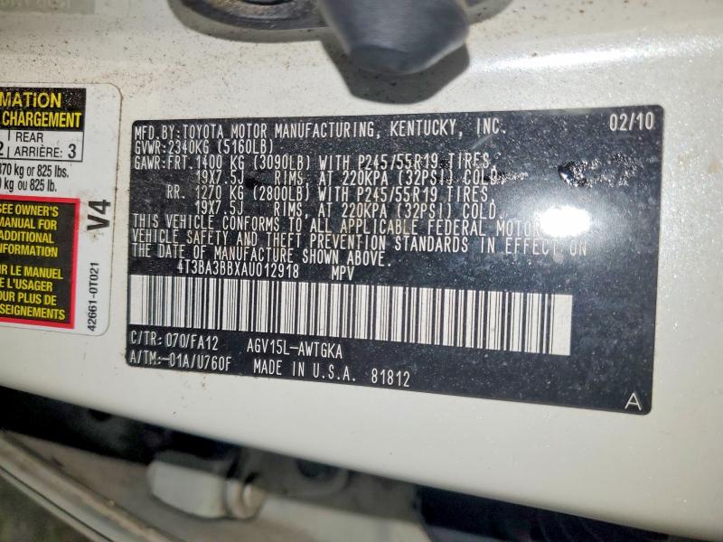 54150886 :رقم المزاد ، 4T3BA3BBXAU012918 vin ، 2010 Toyota Venza مزاد بيع