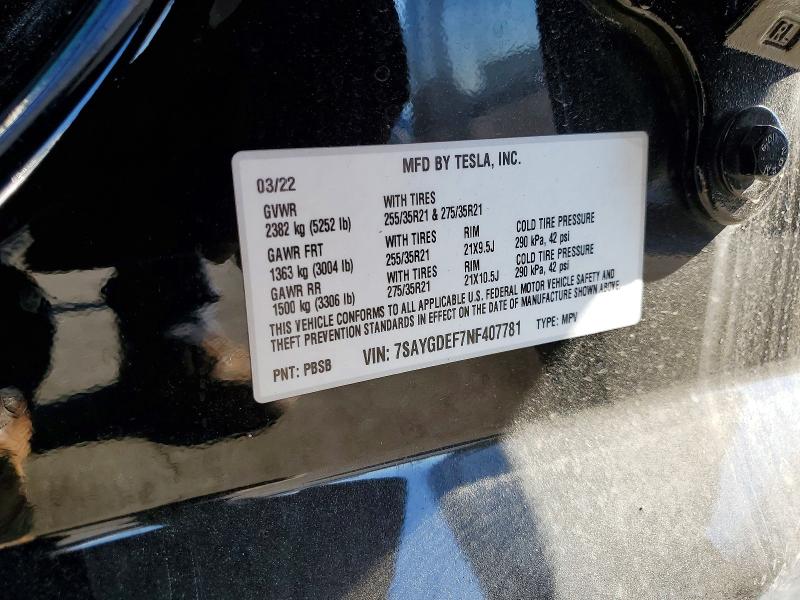 54465456 :رقم المزاد ، 7SAYGDEF7NF407781 vin ، 2022 Tesla Model Y مزاد بيع