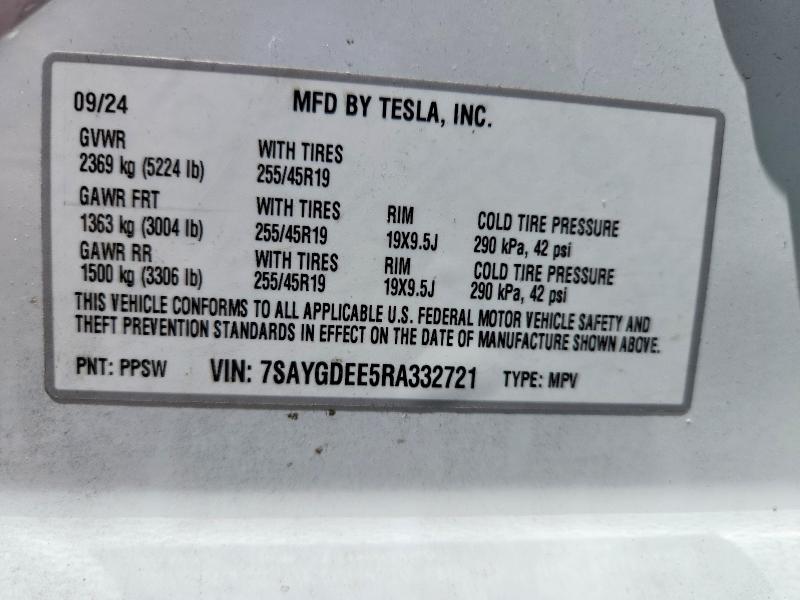55157916 :رقم المزاد ، 7SAYGDEE5RA332721 vin ، 2024 Tesla Model Y مزاد بيع