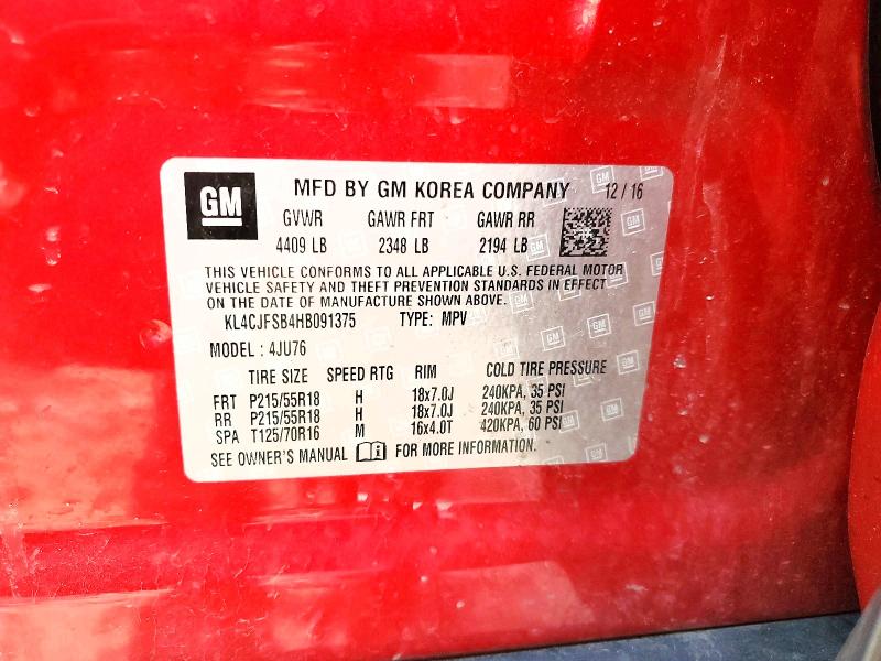 Aukcja sprzedaży 2017 Buick Encore, vin: KL4CJFSB4HB091375, numer aukcji: 53590866