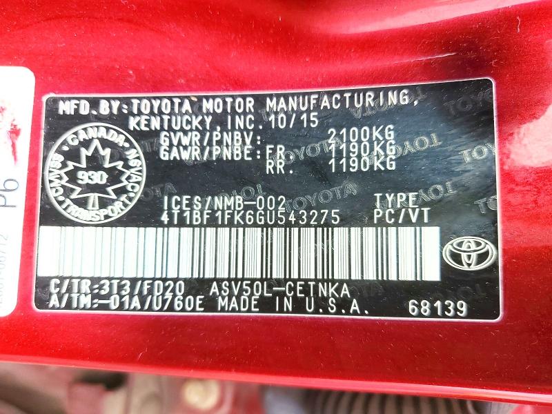 53439526 :رقم المزاد ، 4T1BF1FK6GU543275 vin ، 2016 Toyota Camry مزاد بيع