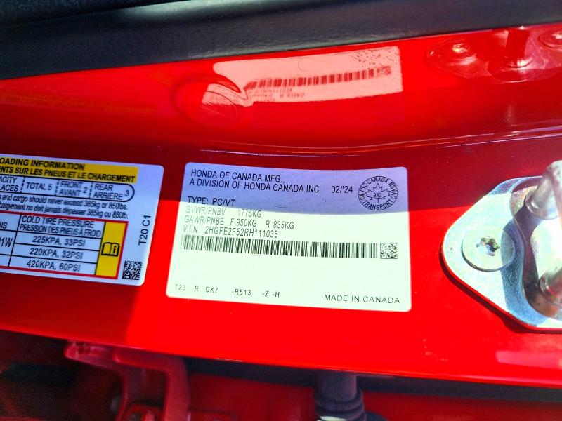 49538306 :رقم المزاد ، 2HGFE2F52RH111038 vin ، 2024 Honda Civic مزاد بيع