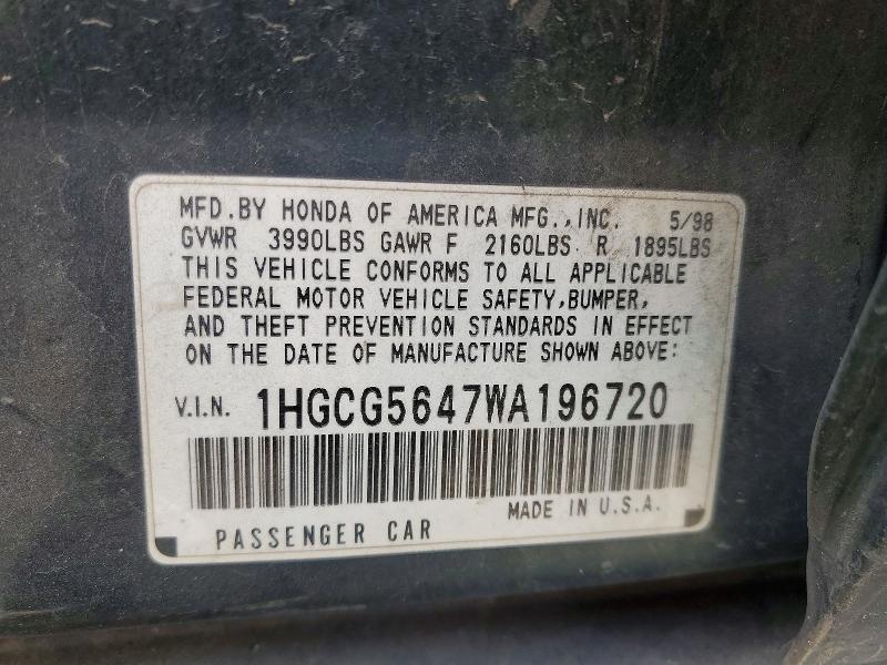 Aukcja sprzedaży 1998 Honda Accord, vin: 1HGCG5647WA196720, numer aukcji: 54554716