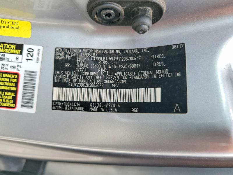2017 Toyota Sienna მანქანა იყიდება აუქციონზე, vin: 5TDYZ3DC2HS883672, აუქციონის ნომერი: 52140376