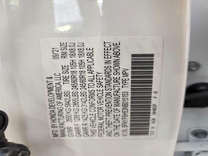 Продажа на аукционе авто 2022 Honda Pilot, vin: 5FNYF6H53NB015153, номер лота: 55154036