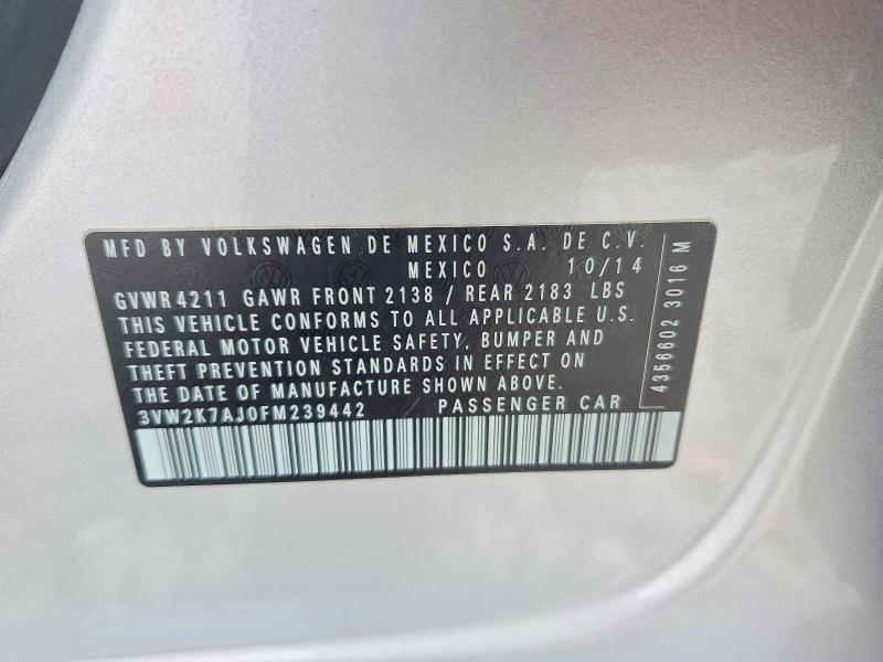 2015 Volkswagen Jetta მანქანა იყიდება აუქციონზე, vin: 3VW2K7AJ0FM239442, აუქციონის ნომერი: 52133156