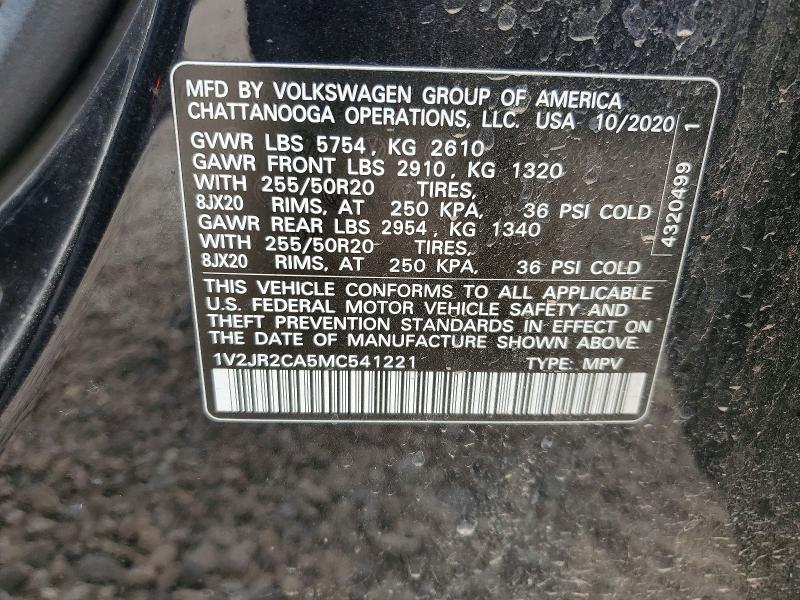 52192506 :رقم المزاد ، 1V2JR2CA5MC541221 vin ، 2021 Volkswagen Atlas مزاد بيع
