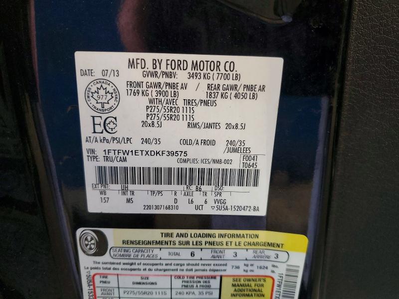 2013 Ford F150 მანქანა იყიდება აუქციონზე, vin: 1FTFW1ETXDKF39575, აუქციონის ნომერი: 53237276