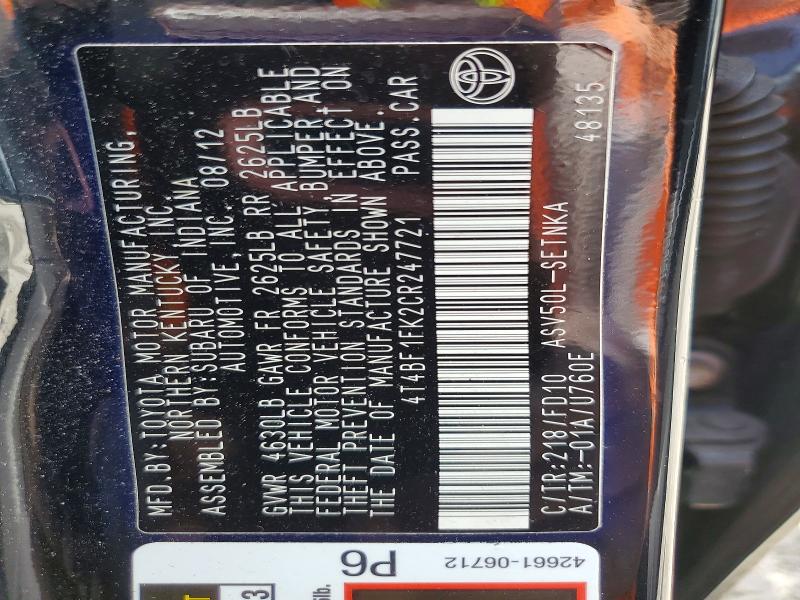 2012 Toyota Camry მანქანა იყიდება აუქციონზე, vin: 4T4BF1FK2CR247721, აუქციონის ნომერი: 54681346