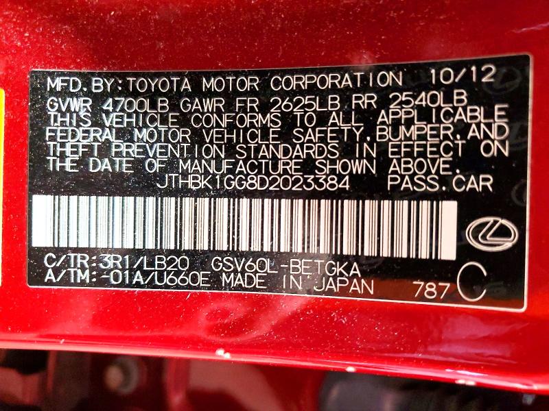 52364546 :رقم المزاد ، JTHBK1GG8D2023384 vin ، 2013 Lexus Es مزاد بيع