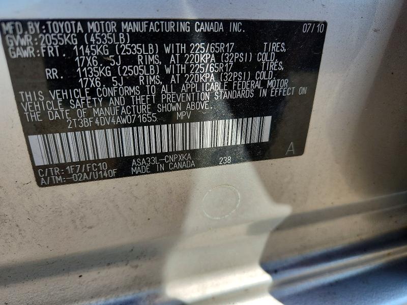 Aukcja sprzedaży 2010 Toyota Rav4, vin: 2T3BF4DV4AW071655, numer aukcji: 53769786