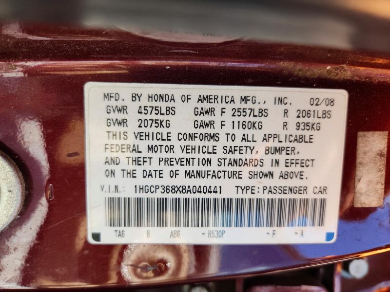 Продаж на аукціоні авто 2008 Honda Accord, vin: 1HGCP368X8A040441, номер лоту: 52753536