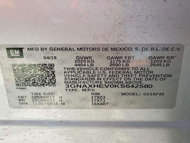 52209936 :رقم المزاد ، 3GNAXHEV0KS642580 vin ، 2019 Chevrolet Equinox مزاد بيع
