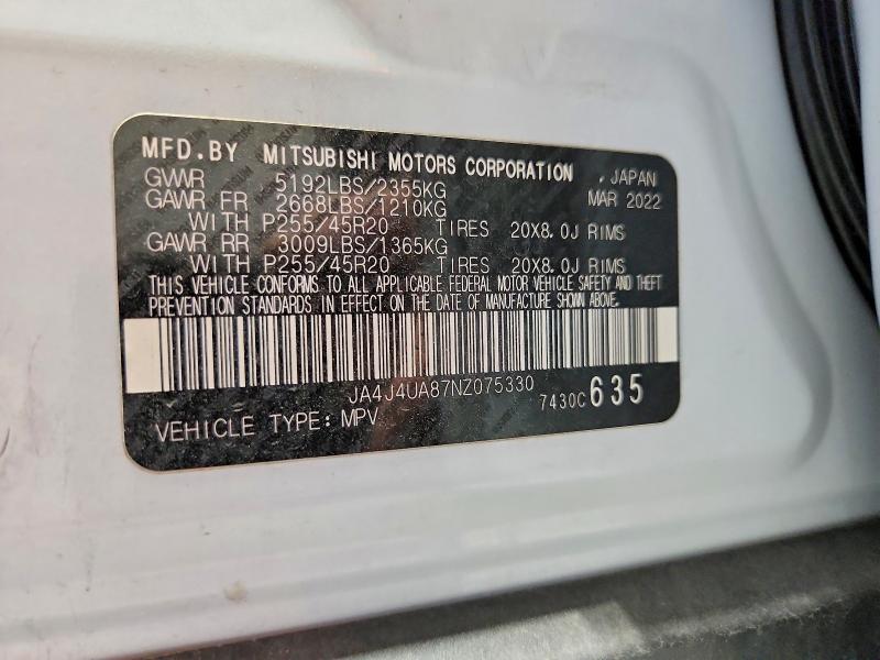 2022 Mitsubishi Outlander მანქანა იყიდება აუქციონზე, vin: JA4J4UA87NZ075330, აუქციონის ნომერი: 55190646