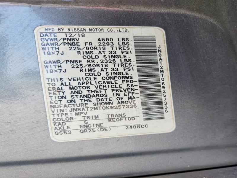53176046 :رقم المزاد ، JN8AT2MT0KW257336 vin ، 2019 Nissan Rogue مزاد بيع