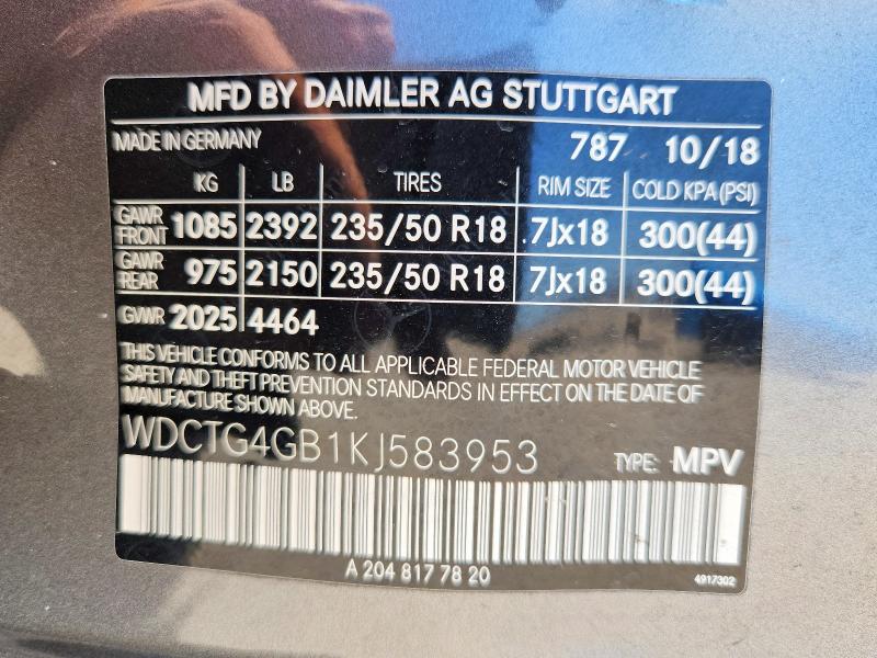 Aukcja sprzedaży 2019 Mercedes-benz Gla, vin: WDCTG4GB1KJ583953, numer aukcji: 53402476