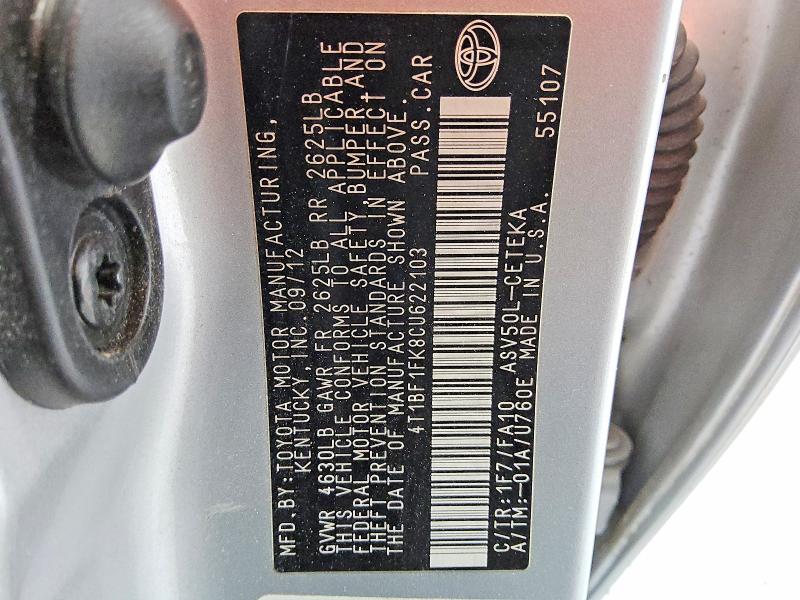 2012 Toyota Camry მანქანა იყიდება აუქციონზე, vin: 4T1BF1FK8CU622103, აუქციონის ნომერი: 50930826