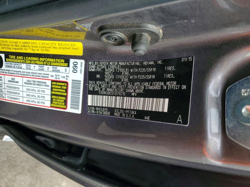 52252396 :رقم المزاد ، 5TDYK3DC5FS578216 vin ، 2015 Toyota Sienna مزاد بيع