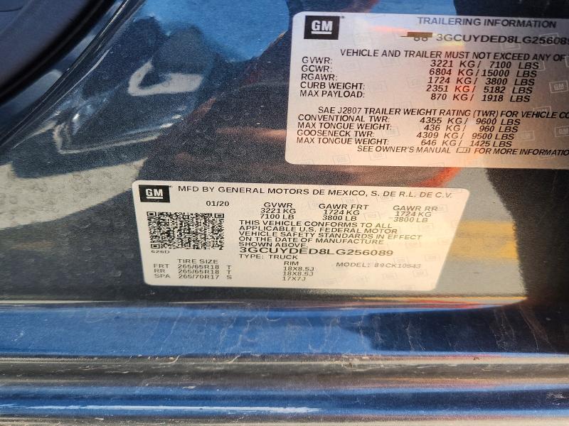 Продаж на аукціоні авто 2020 Chevrolet Silverado, vin: 3GCUYDED8LG256089, номер лоту: 51786926