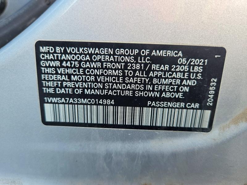 Продажа на аукционе авто 2021 Volkswagen Passat, vin: 1VWSA7A33MC014984, номер лота: 53954426