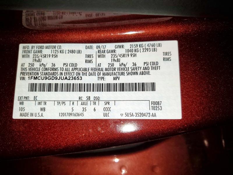 53818806 :رقم المزاد ، 1FMCU9GD9JUA23653 vin ، 2018 Ford Escape مزاد بيع