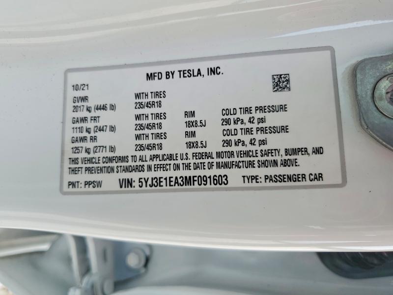 52924536 :رقم المزاد ، 5YJ3E1EA3MF091603 vin ، 2021 Tesla Model 3 مزاد بيع