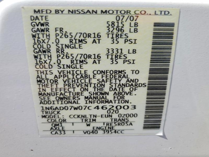 52357836 :رقم المزاد ، 1N6AD07W07C462003 vin ، 2007 Nissan Frontier مزاد بيع