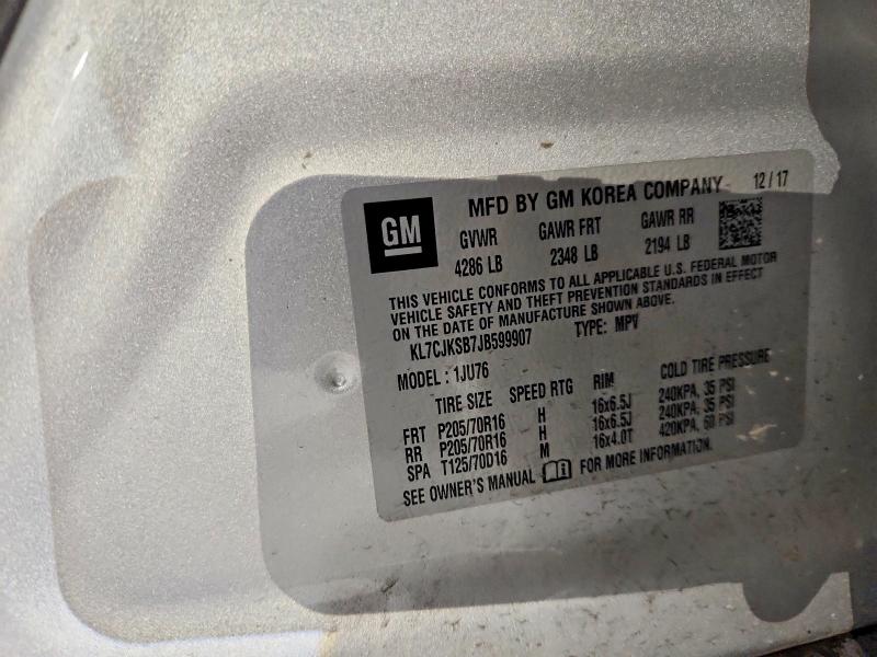2018 Chevrolet Trax მანქანა იყიდება აუქციონზე, vin: KL7CJKSB7JB599907, აუქციონის ნომერი: 54549266