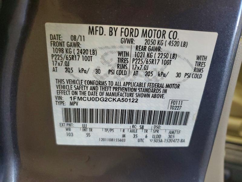 2012 Ford Escape მანქანა იყიდება აუქციონზე, vin: 1FMCU0DG2CKA50122, აუქციონის ნომერი: 51914626