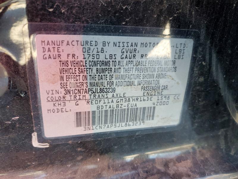 52248556 :رقم المزاد ، 3N1CN7AP5JL863239 vin ، 2018 Nissan Versa مزاد بيع