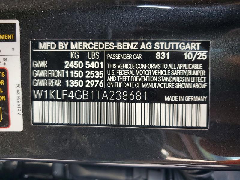 2026 Mercedes-benz E მანქანა იყიდება აუქციონზე, vin: W1KLF4GB1TA238681, აუქციონის ნომერი: 54725746