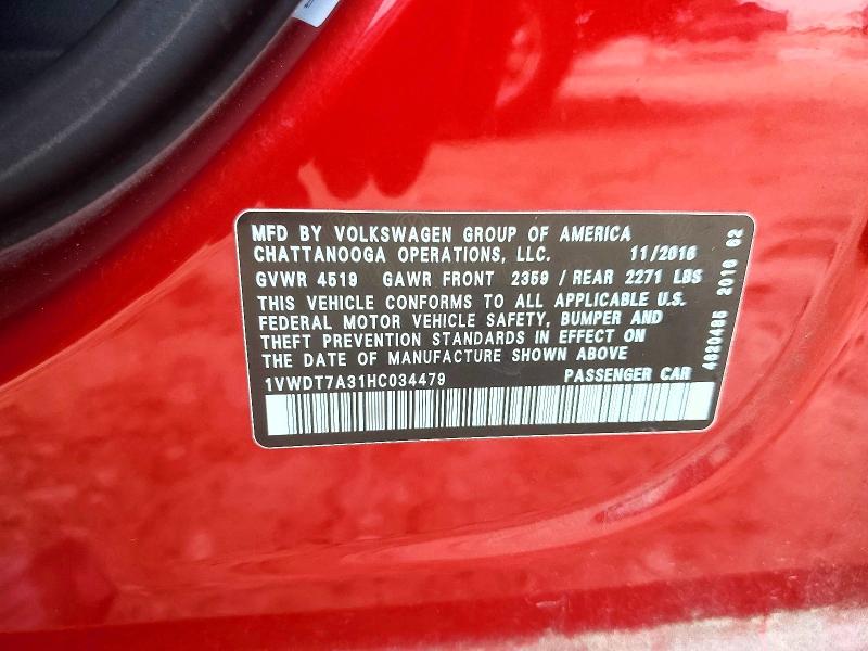 2017 Volkswagen Passat მანქანა იყიდება აუქციონზე, vin: 1VWDT7A31HC034479, აუქციონის ნომერი: 54791596