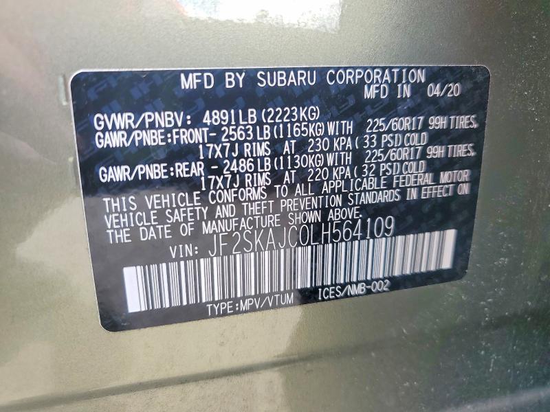 Продаж на аукціоні авто 2020 Subaru Forester, vin: JF2SKAJC0LH564109, номер лоту: 53778306