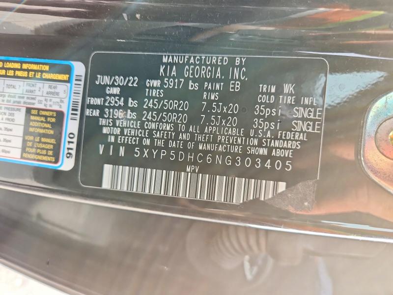 53192576 :رقم المزاد ، 5XYP5DHC6NG303405 vin ، 2022 Kia Telluride مزاد بيع