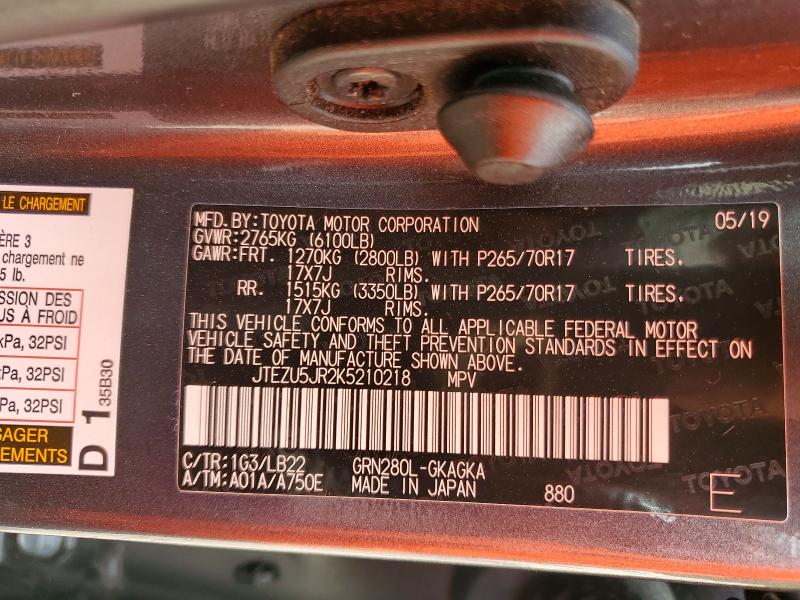 52918296 :رقم المزاد ، JTEZU5JR2K5210218 vin ، 2019 Toyota 4runner مزاد بيع