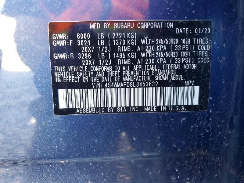 2020 Subaru Ascent მანქანა იყიდება აუქციონზე, vin: 4S4WMARD8L3453632, აუქციონის ნომერი: 55100276