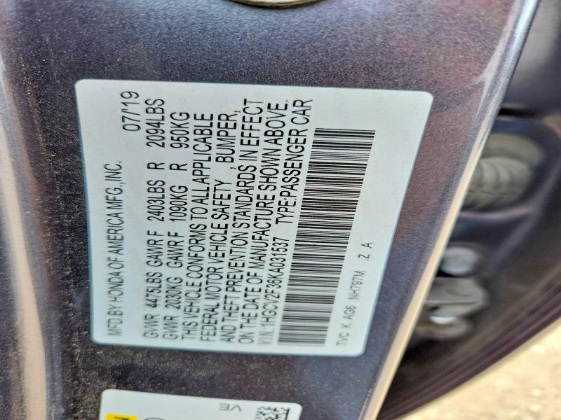 Продаж на аукціоні авто 2019 Honda Accord, vin: 1HGCV2F36KA031537, номер лоту: 52165416