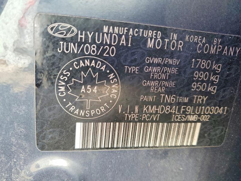 52754796 :رقم المزاد ، KMHD84LF9LU103041 vin ، 2020 Hyundai Elantra مزاد بيع