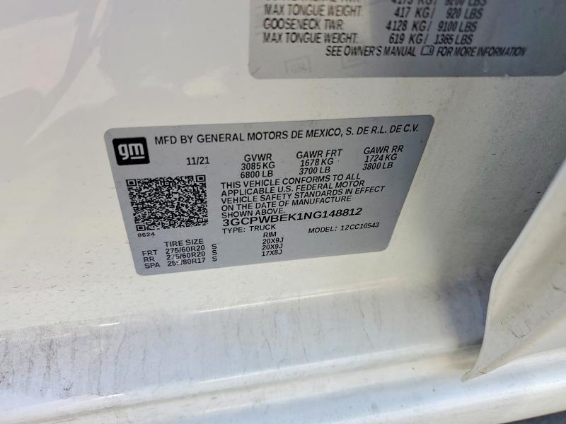 Aukcja sprzedaży 2022 Chevrolet Silverado Ltd, vin: 3GCPWBEK1NG148812, numer aukcji: 53402676