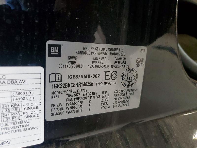 54594036 :رقم المزاد ، 1GKS2BKC8HR140296 vin ، 2017 Gmc Yukon مزاد بيع