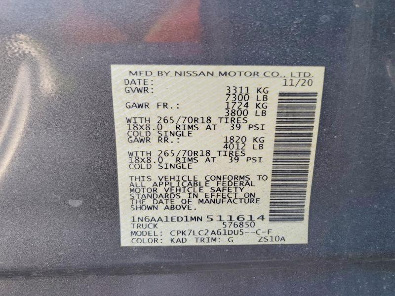 Aukcja sprzedaży 2021 Nissan Titan, vin: 1N6AA1ED1MN511614, numer aukcji: 53002446