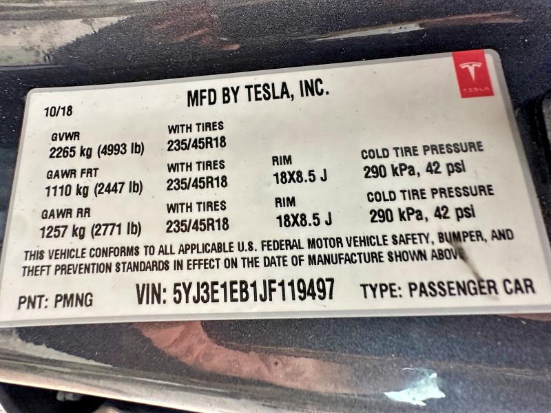2018 Tesla Model 3 მანქანა იყიდება აუქციონზე, vin: 5YJ3E1EB1JF119497, აუქციონის ნომერი: 52792666