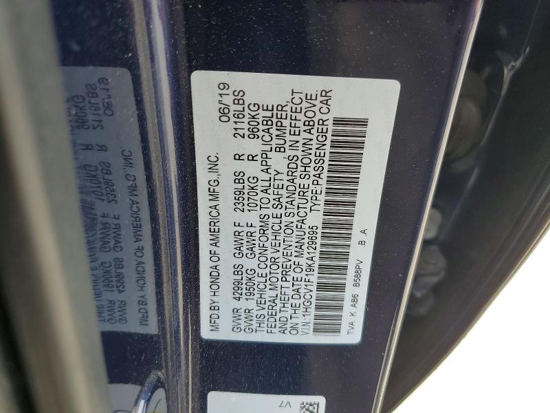 2019 Honda Accord მანქანა იყიდება აუქციონზე, vin: 1HGCV1F19KA129695, აუქციონის ნომერი: 54163786