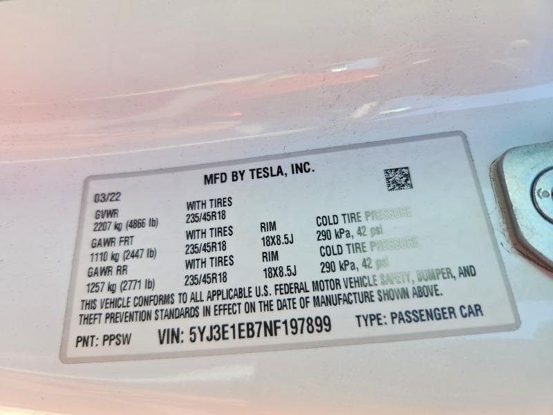 52858576 :رقم المزاد ، 5YJ3E1EB7NF197899 vin ، 2022 Tesla Model 3 مزاد بيع