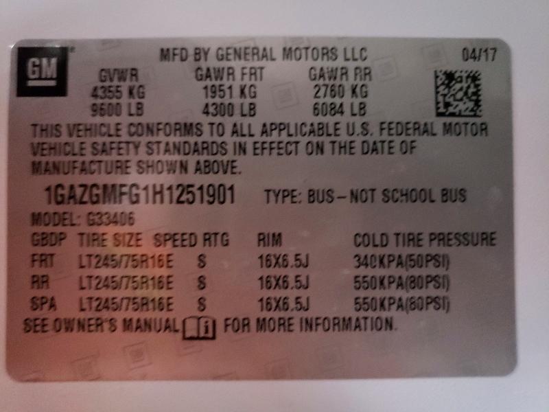 53988486 :رقم المزاد ، 1GAZGMFG1H1251901 vin ، 2017 Chevrolet Express G3500 مزاد بيع