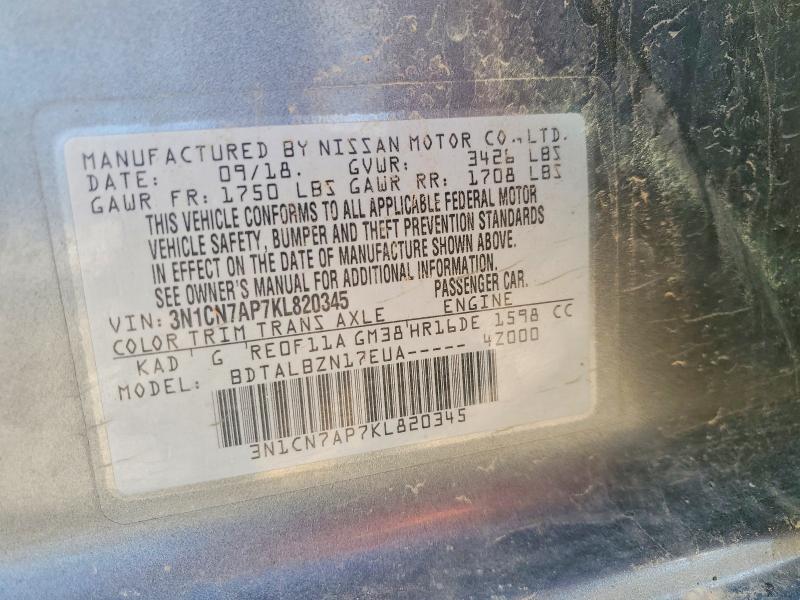 Aukcja sprzedaży 2019 Nissan Versa, vin: 3N1CN7AP7KL820345, numer aukcji: 52439916