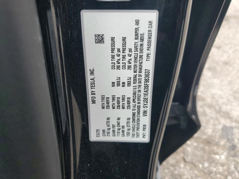52932516 :رقم المزاد ، 5YJ3E1EA3SF983637 vin ، 2025 Tesla Model 3 مزاد بيع