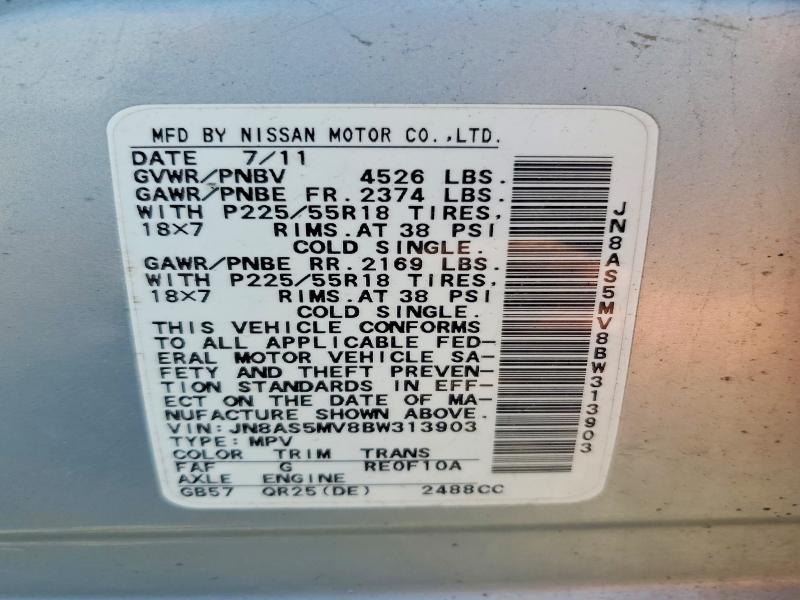54198766 :رقم المزاد ، JN8AS5MV8BW313903 vin ، 2011 Nissan Rogue مزاد بيع